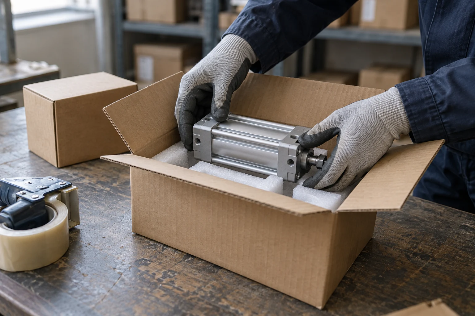 Sorgfältiges Verpacken eines Pneumatikzylinders für den Versand