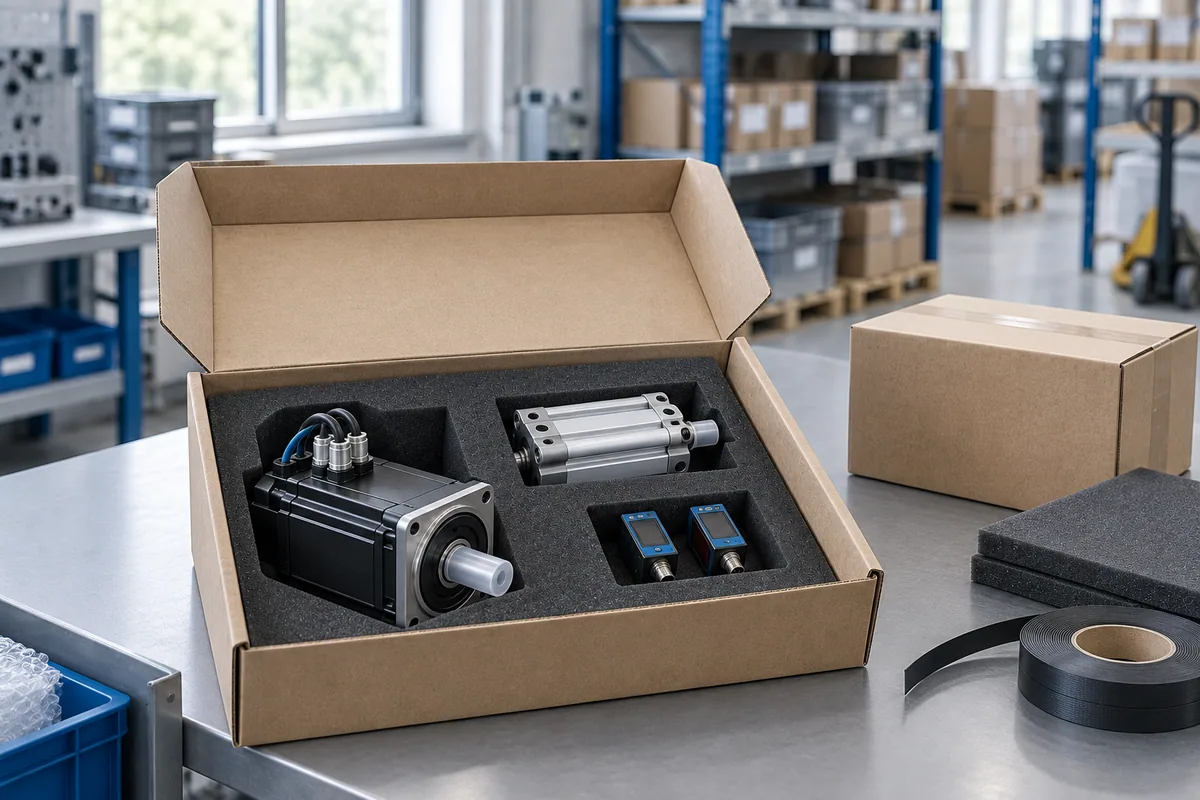 Servomotor, Pneumatikzylinder und Sensoren in einer schützenden Versandverpackung