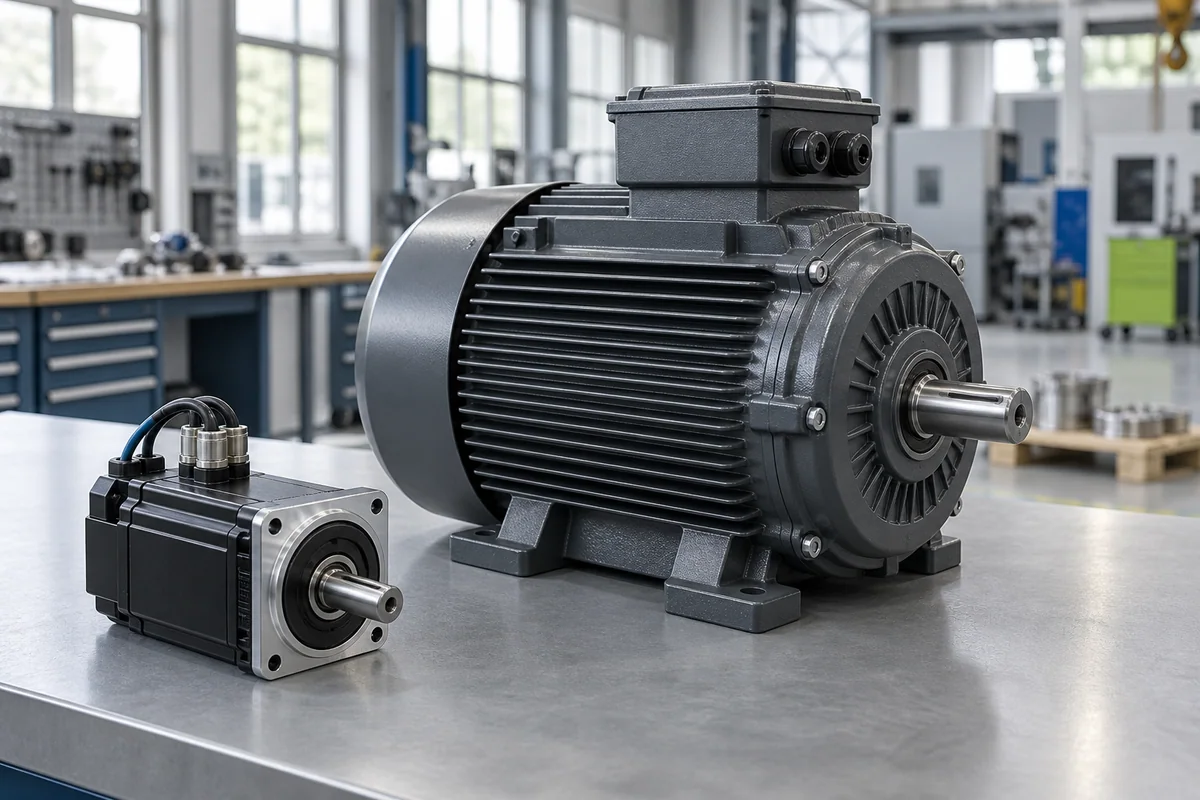 Industrie-Elektromotor und Servomotor auf einer Werkbank