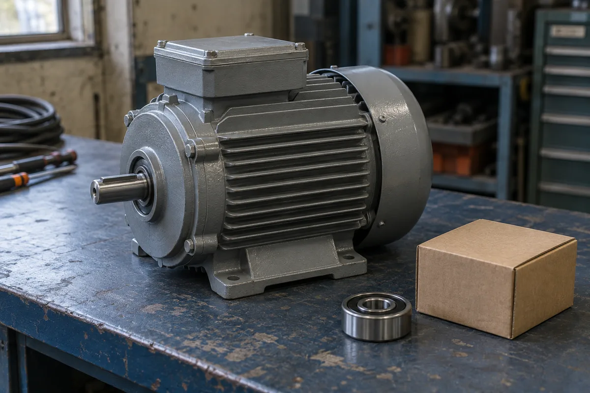 Elektromotor, Lager und Karton auf einer Werkbank