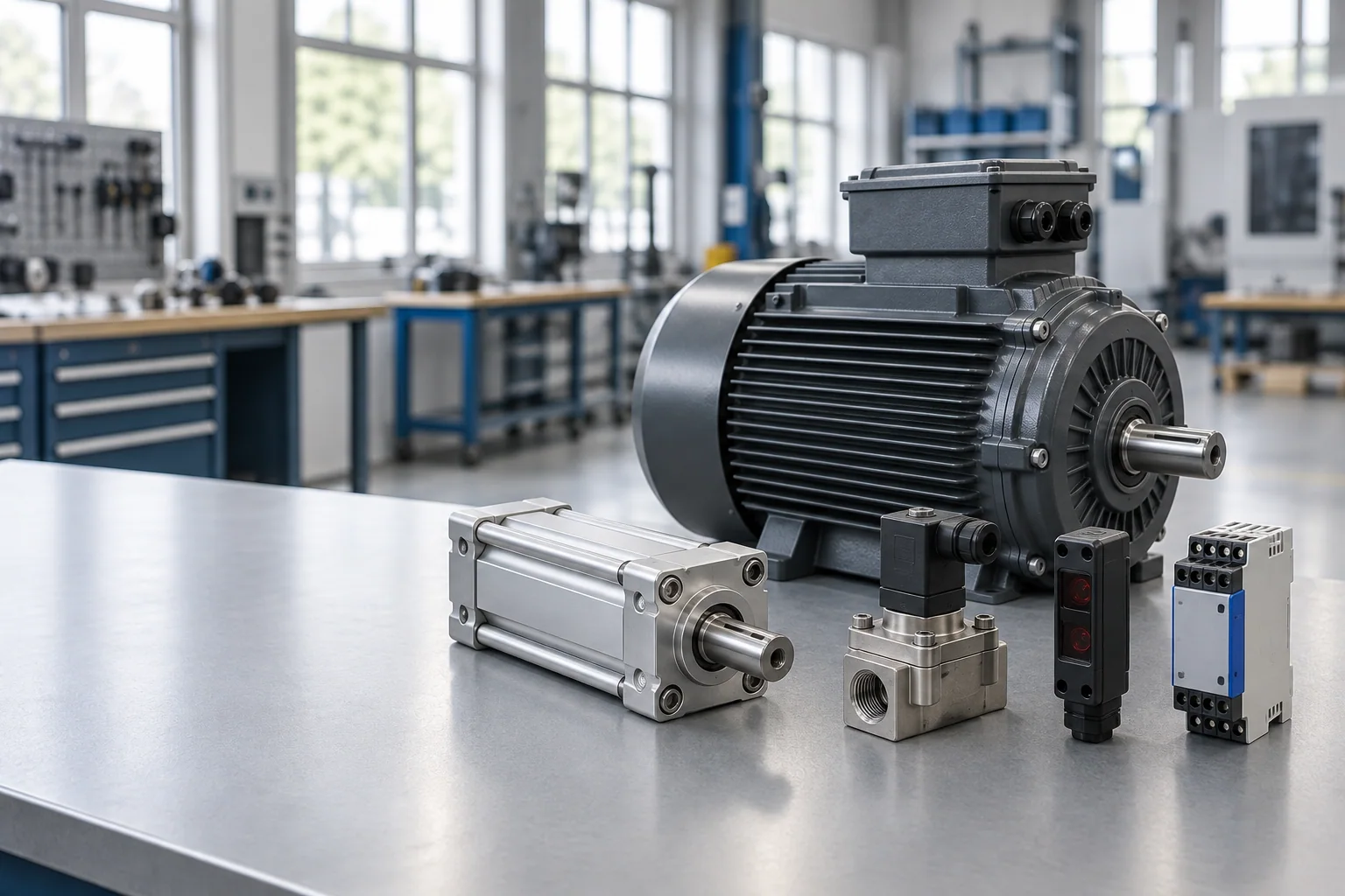 Elektromotor, Pneumatikzylinder, Ventil, Sensor und elektrisches Schaltmodul