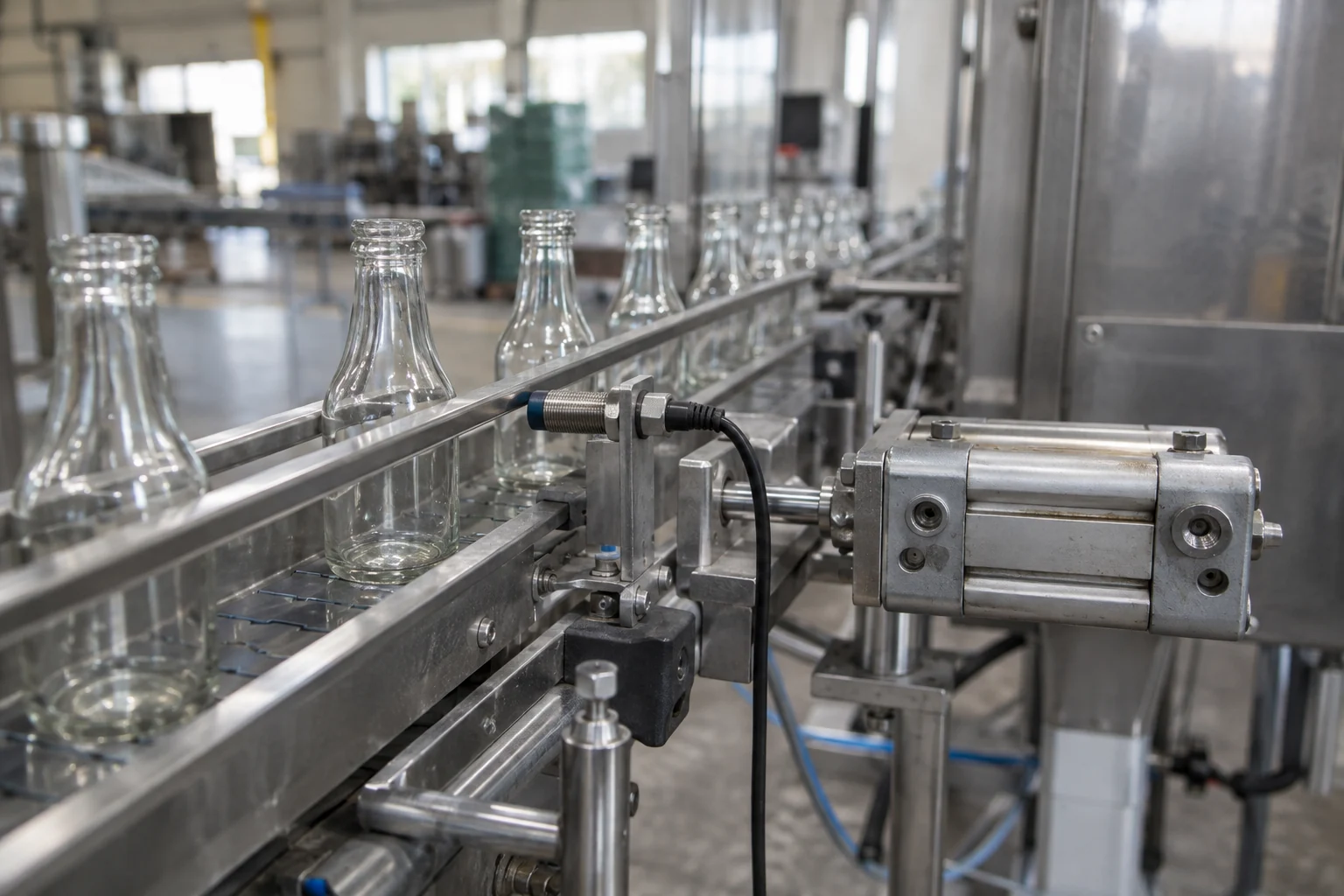 Pneumatikzylinder und Sensor an einer industriellen Förderanlage
