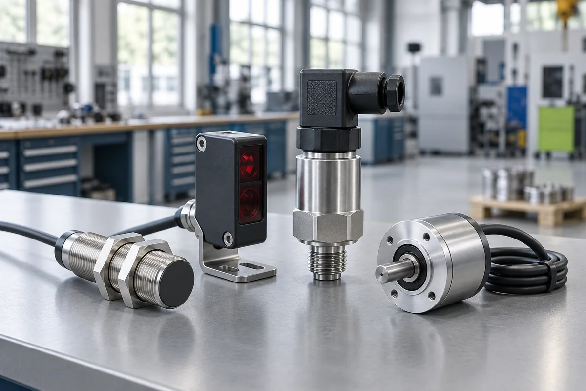 Induktiver Sensor, Lichtschranke, Drucksensor und Drehgeber