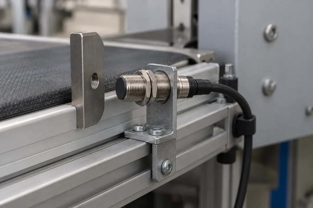 Induktiver Sensor an einer Förderanlagenhalterung