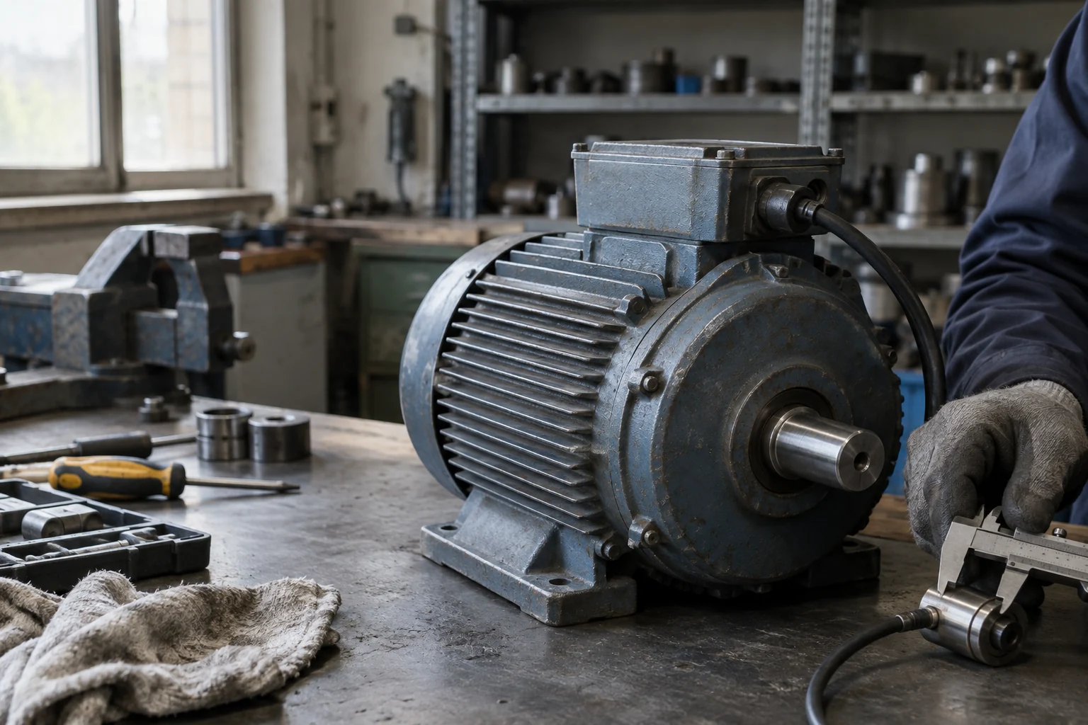 Prüfung eines Elektromotors und Sensors an einer Werkbank